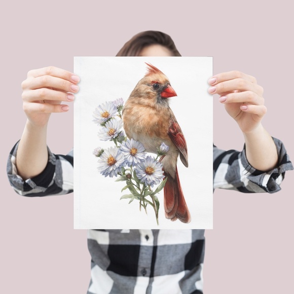 Watercolor Female Cardinal Bird with Flowers Wall Art Print Unframed - Picture 4 of 6